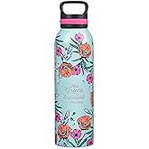 Christian Art Gifts Stainless Steel Double Wall Vacuum Insulated Water Bottle for Women: His Grace is Sufficient - 2 Corinthians 12:9 Inspirational Verse w/Carry Handle Lid, Teal Multi Floral, 24 oz.