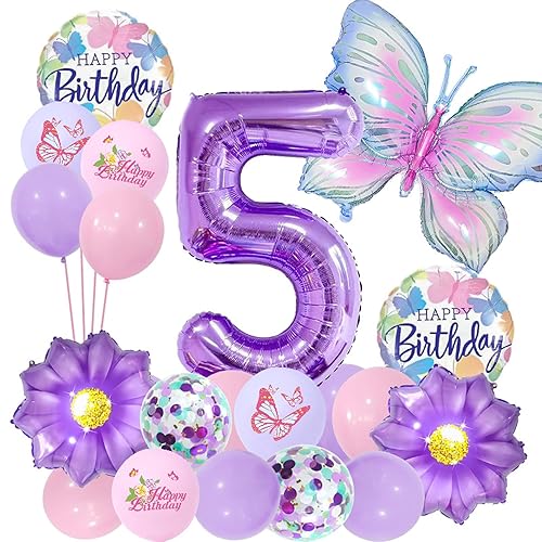 23 PCS Birthday Balloons Number Balloons Butterfly Birthday Decorations for Girls Purple Girls Birthday Party Decoration Foil Balloons Set for Baby Shower, Rainbow Theme Party Supplies