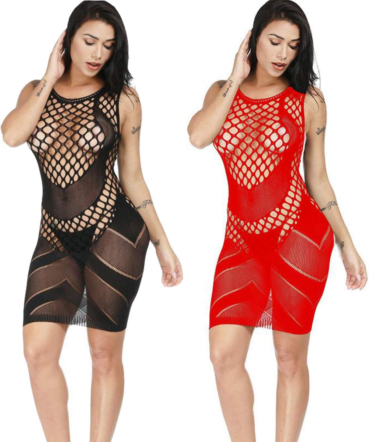 LOVELYBOBO2-Pack Womens Chemise Lingerie Fishnet Baby Doll Sexy Minidress Mesh Hole (Black+Red)