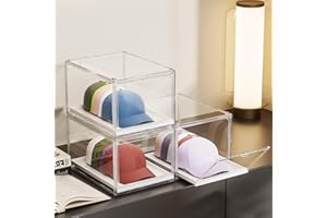 GUDEMAY Hat Organizer Cap Box, Stackable Clear Baseball Caps Holder Containers with Magnetic Door for Hats Snapback Cap Storage, Pull Out Drawer Hat Rack Display Case (3pack)