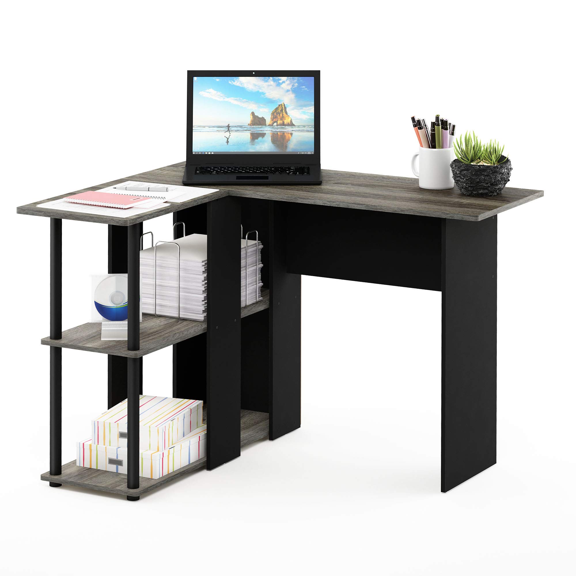 Furinno Abbott L-Shape Writing Desk, Computer Desk with Bookshelf, French Oak/Black, 104.5 (W) x 73.51 (H) x 87.5 (D) cm