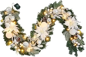 VOFULY Lighted Christmas Garland for Mantle,Fireplace,Stairs, Garland for Front Door Pre-lit 6 feet Winter White Silver Poinsettia Garland with 25 LED Lights,Timer & Battery Operated.in/Out Door Decor