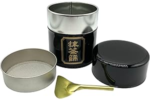 野口熊太郎茶園 Matcha Tin Container with Mesh Sifter and Scoop/Matcha Powder Canister / 150g (5.3ounces) Tea Capacity/Made in japan (Black)
