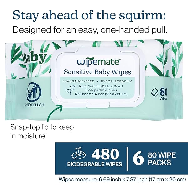 WIPEMATE EWG-VERIFIED PREMIUM BABY WIPES, 99% WATER-BASED, PLASTIC-FREE, ULTRA-SOFT PLANT-BASED WIPE, CHLORINE/ALCOHOL-FREE, PH-BALANCED, HYPOALLERGENIC CRUELTY-FREE WITH DURABLE FLIP-TOP LID 480-CT