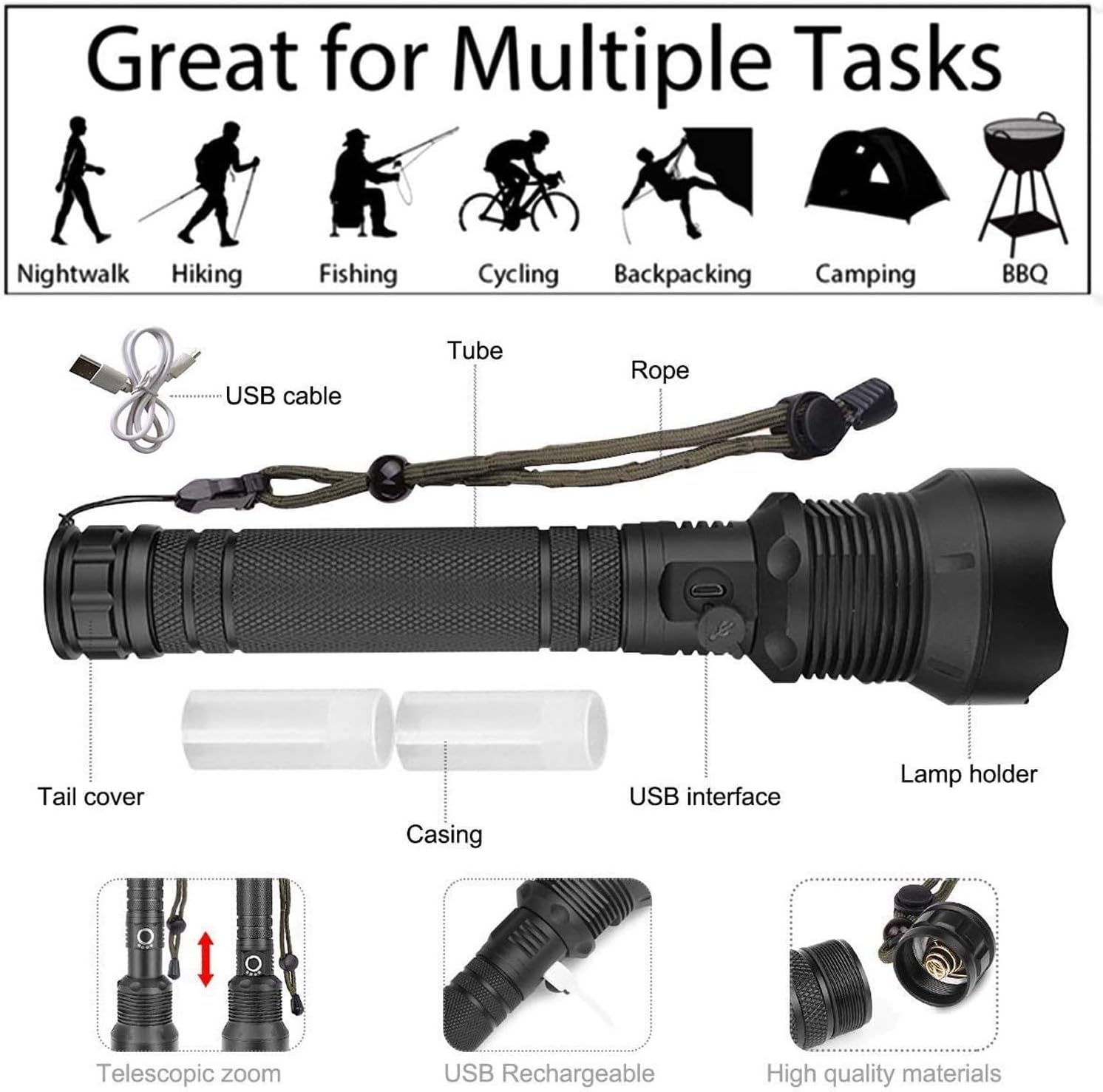Rechargeable Flashlights High Lumens, 90000 Lumens Super Bright Led Flashlight Powerful Tactical Flashlight with Batteries Included, Zoomable, 3 Modes, Waterproof Flashlight for Emergencies, Camping: Home & Kitchen