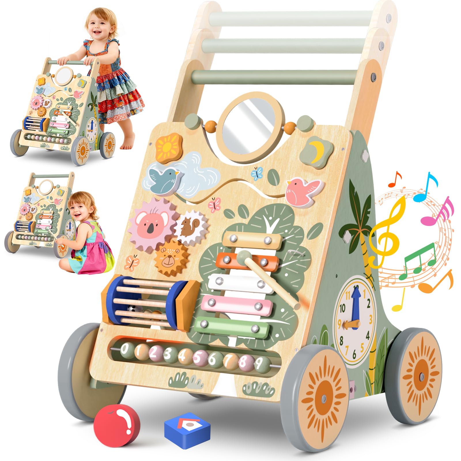 Photo 1 of Wooden Baby Walker with Wheels, Speed & Height Adjustable, Baby Push Walker for 6-12 18 Months Boys Girls, Montessori Walker Easter Toy for 1 Year Old, Learning to Walk & Sit-to-Stand Activity Center