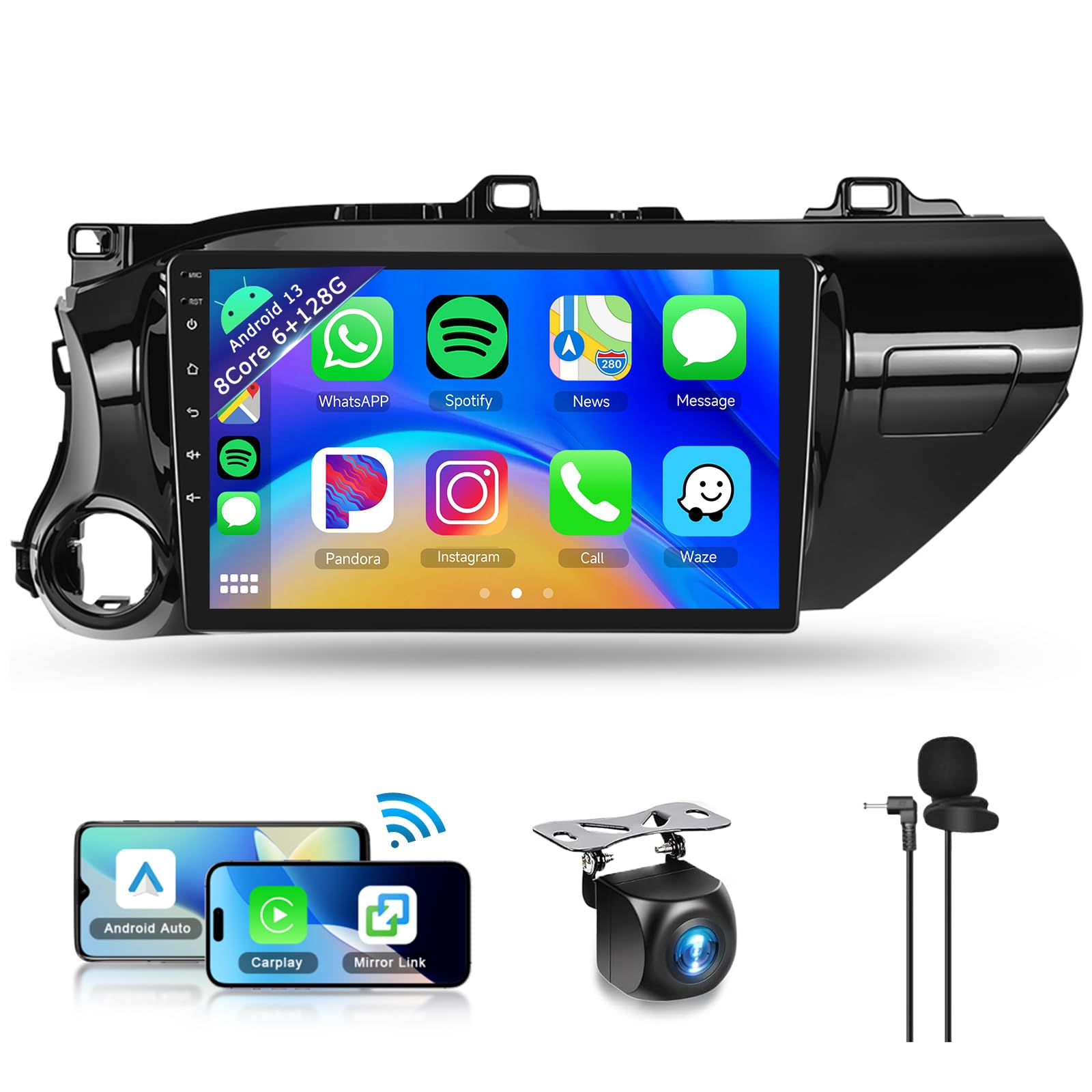 Photo 1 of 8Core 6+128G Car Radio for Toyota Hilux 2015 2016 2017 2018 2019 2020 Wireless Carplay Android Auto,10.1 inch 1280*720P IPS Touch Screen, Android/GPS/WiFi/32band DSP Audio/Bluetooth/SWC/Backup Camera