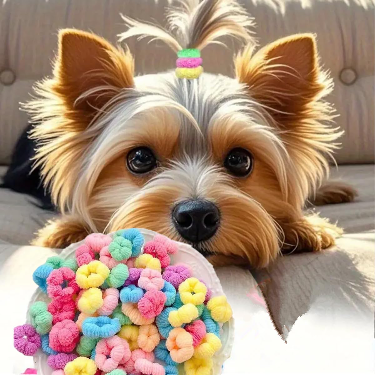 Photo 1 of 100pcs Candy Colour Small Dogs Hair Tie Scrunchies, Comfortable 0.8inch Mini Elastic Hair Rings Bands for Cats,Yorkshire Maltese Dogs,Pets Grooming,No Damage Hair
