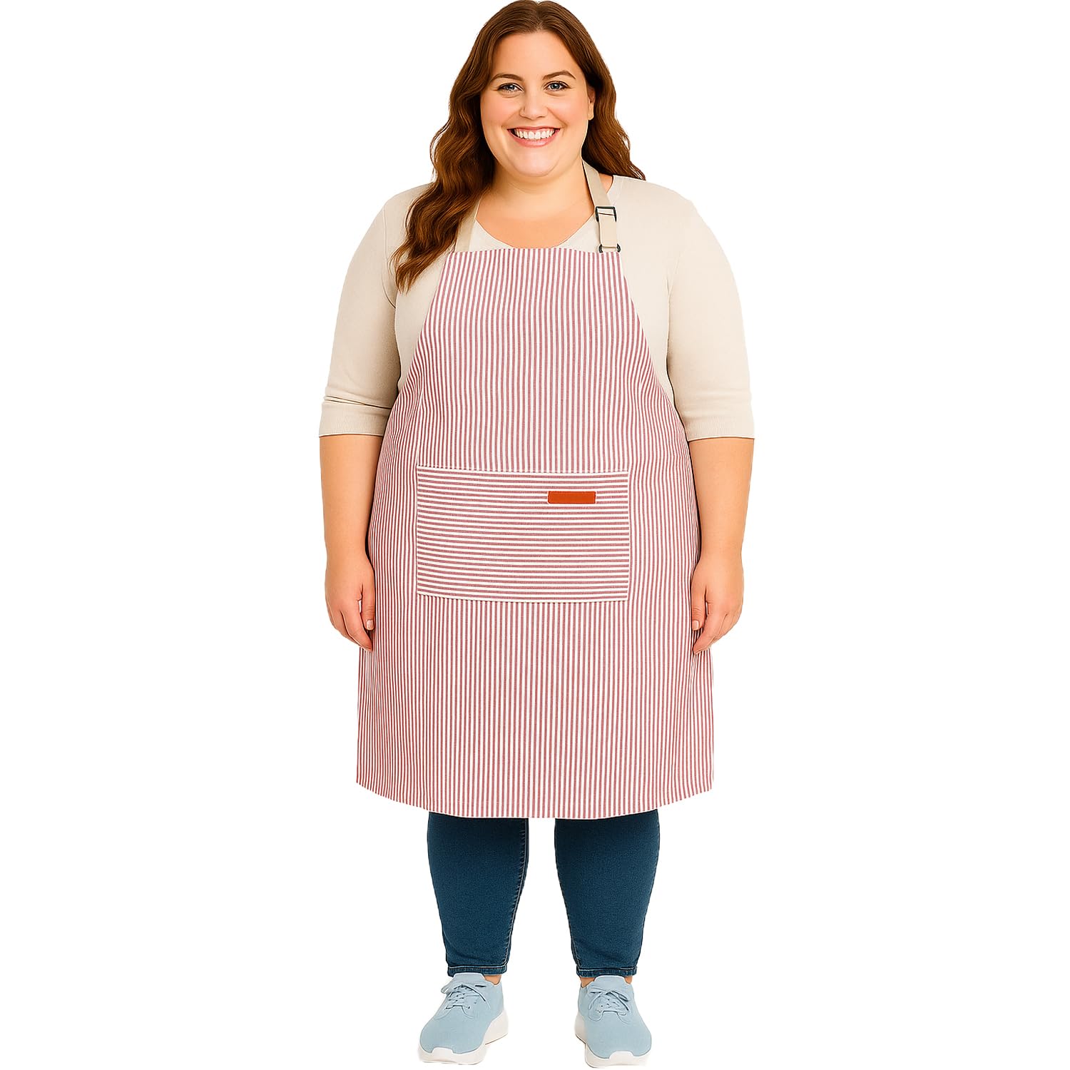 Urby Kitchen Cooking Aprons for Women with Pockets Plus Size, Ideal For XL XXL or Waist W38+. Extra Large and Long Also Fits Big and Tall Men, or Use As Full Coverage Apron. (Red White)