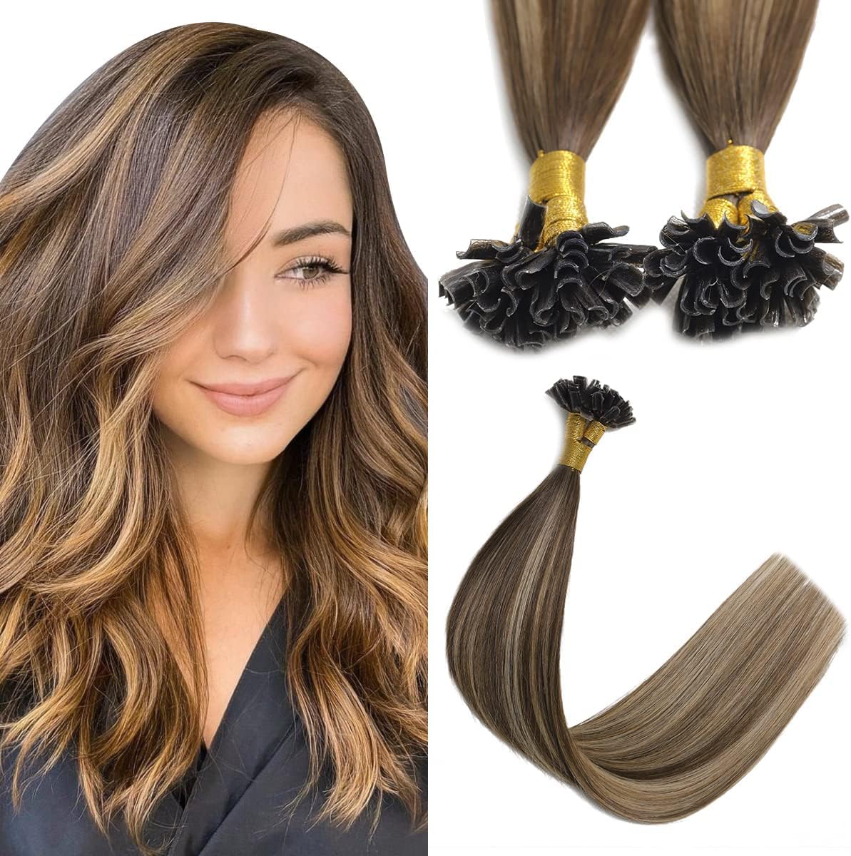 Sindra Brown Pre Bonded Extensions Balayage Chocolate Brown to Caramel Blonde U Tip Hair 14 Inch 40g 50 Strands Fusion Real Human Hair Extensions #4/27/4 14inch — image 1