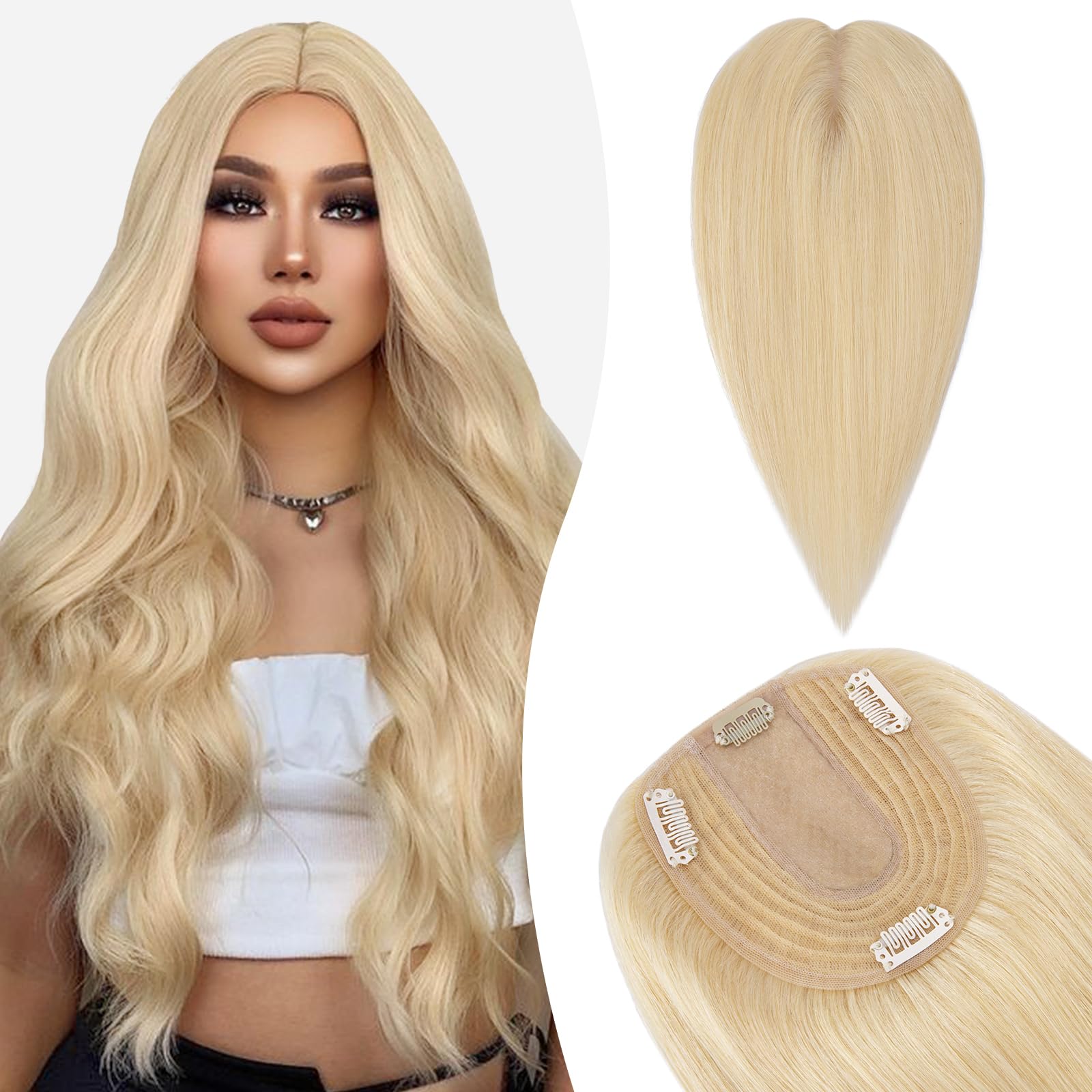 Silk-co 12inch Hair Topper for Thinning Hair Women Clip in Real Remy Human Hair Extensions Top Piece Base Size 10 * 12cm Silk+Lace Base (#613 Bleach Blonde)