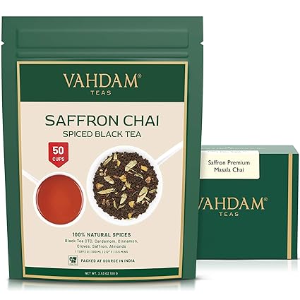 Vahdam Safran Tee Loseblatt 50 Tassen 100 Naturliche Gewurze Schwarzer Tee Kardamom Zimt Nelke Mandel Safran Gewurzter Chai Tee Loose Leaf Chai Latte 100gr Amazon De Lebensmittel Getranke
