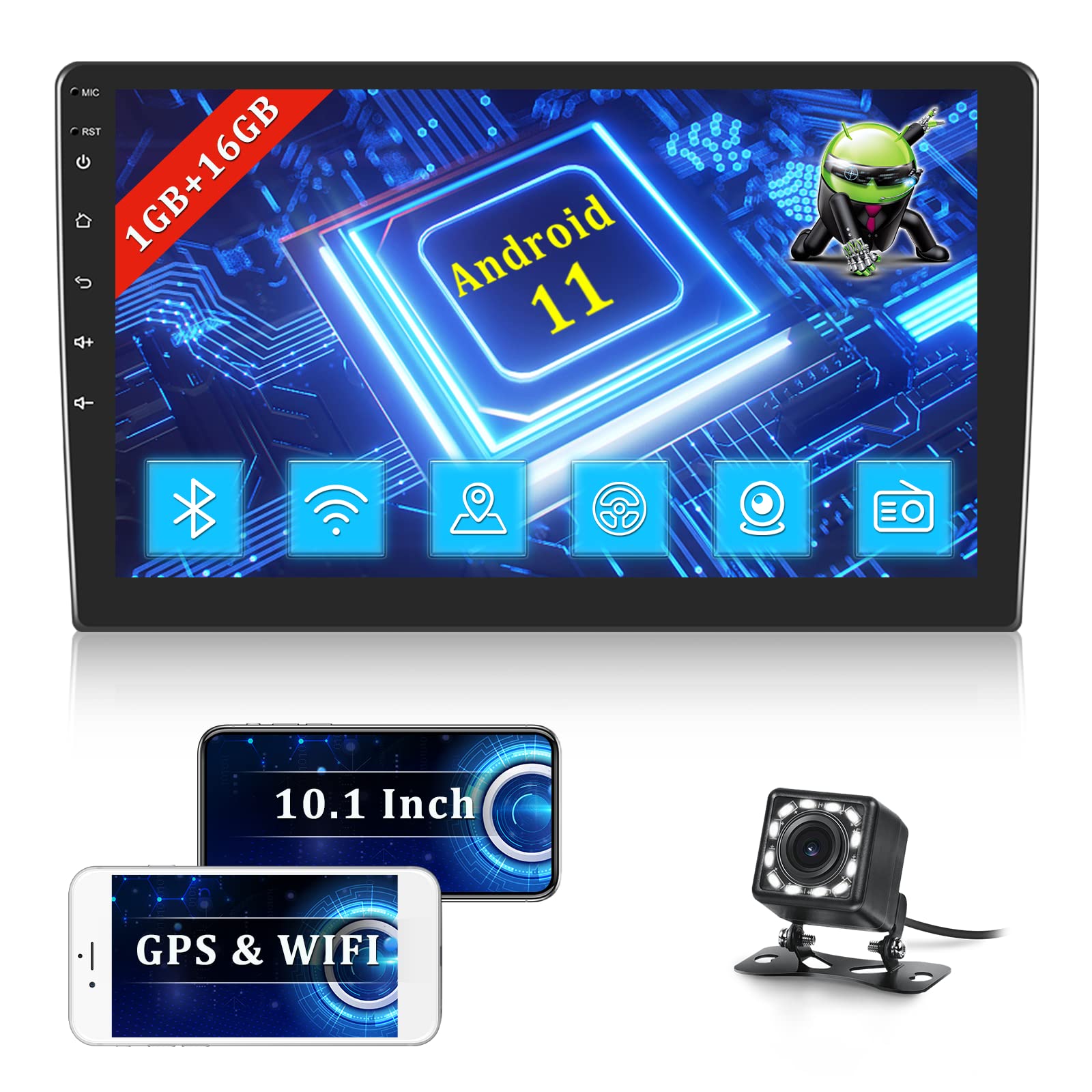 (1+16GB) Camecho Android 11 Double Din Car Stereo with Sat Nav 10.1 inch Touch Screen Car Bluetooth Radio Support WiFi/Mirror Link/FM Radio/Dual USB + Rearview Camera