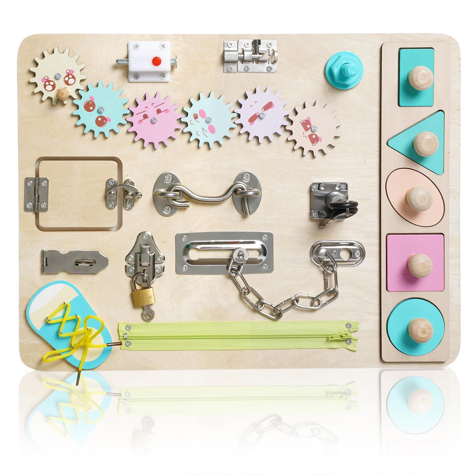 NUKied Wooden Busy Board for Toddlers Montessori Sensory Toy Basic Motor Skill Activity Board Early Educational Learning Toy with Lacing Sorter Gears Zipper Lock Best Gift for Kids Toddler Boys Girls