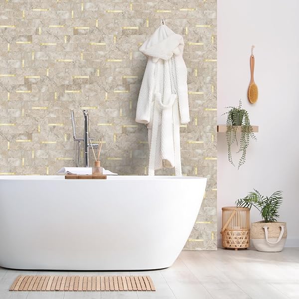 OYASIMI 20 SHEET PEEL AND STICK BACKSPLASH TILE,BEIGE STONE MIXED METAL PVC MIXED METAL STICK ON BACKSPLASH WALL TILES FOR KITCHEN, BATHROOM, LAUNDRY ROOM