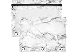 Kcldeci Pencil Pouch for 3 Ring Binder, White Gray Marble Stone 2 Pack Binder Pencil Pouch with Clear Window Pencil Bags with Zipper Pencil Case for Binder