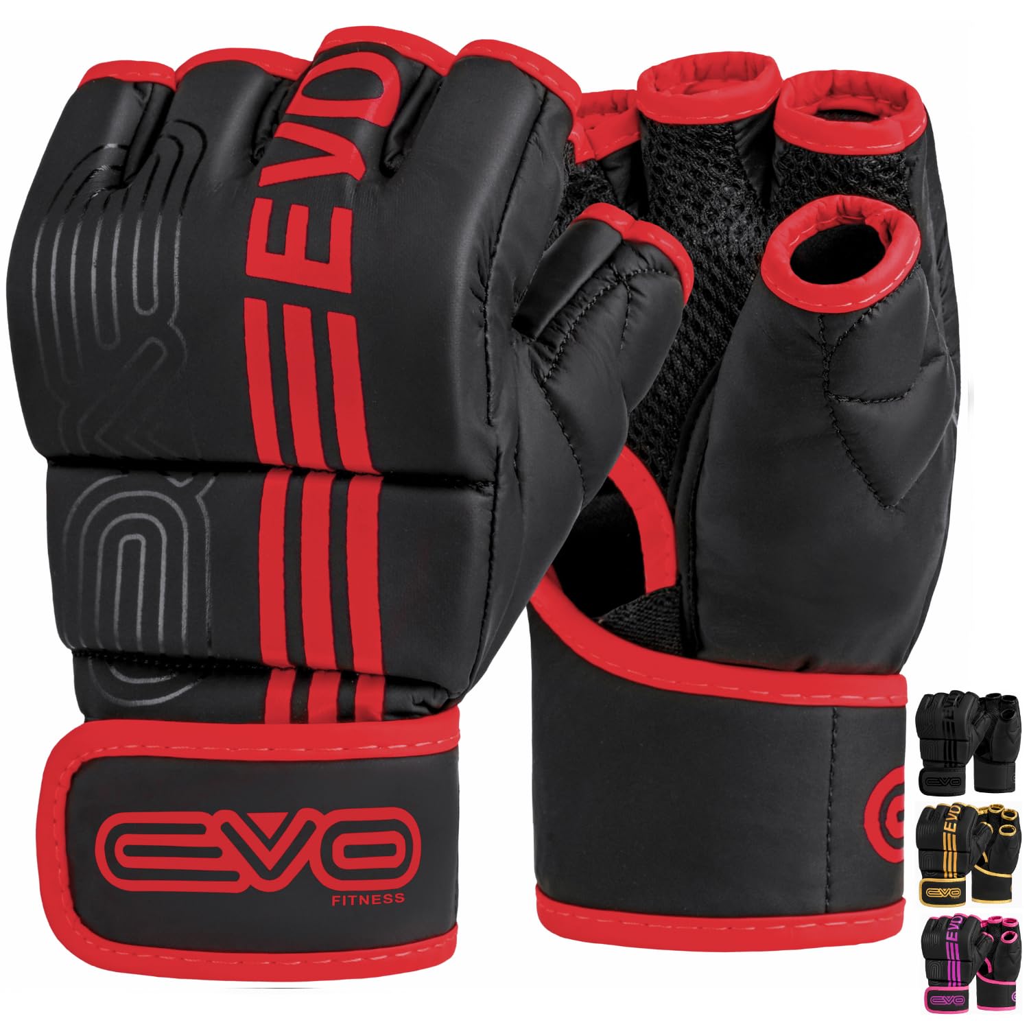 EVO Fitness Matte Black MMA Gloves Martial Arts Mitts Grappling Sparring Men Muay Thai Cage Fighting Boxing Combat Sports Women pink UFC Punching Bag Training (Small, Red)