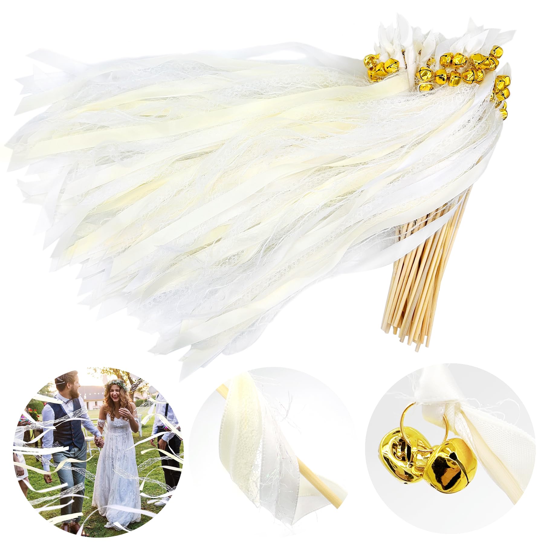 Wedding Wands, Pack of 50 Sticks with 100 Large Bells and 150 Wedding Ribbons, Silk Fairy Sticks, Guest Gifts for Parties, Magic Wands, Wedding Streamers, for Weddings, Birthdays, Holiday Parties
