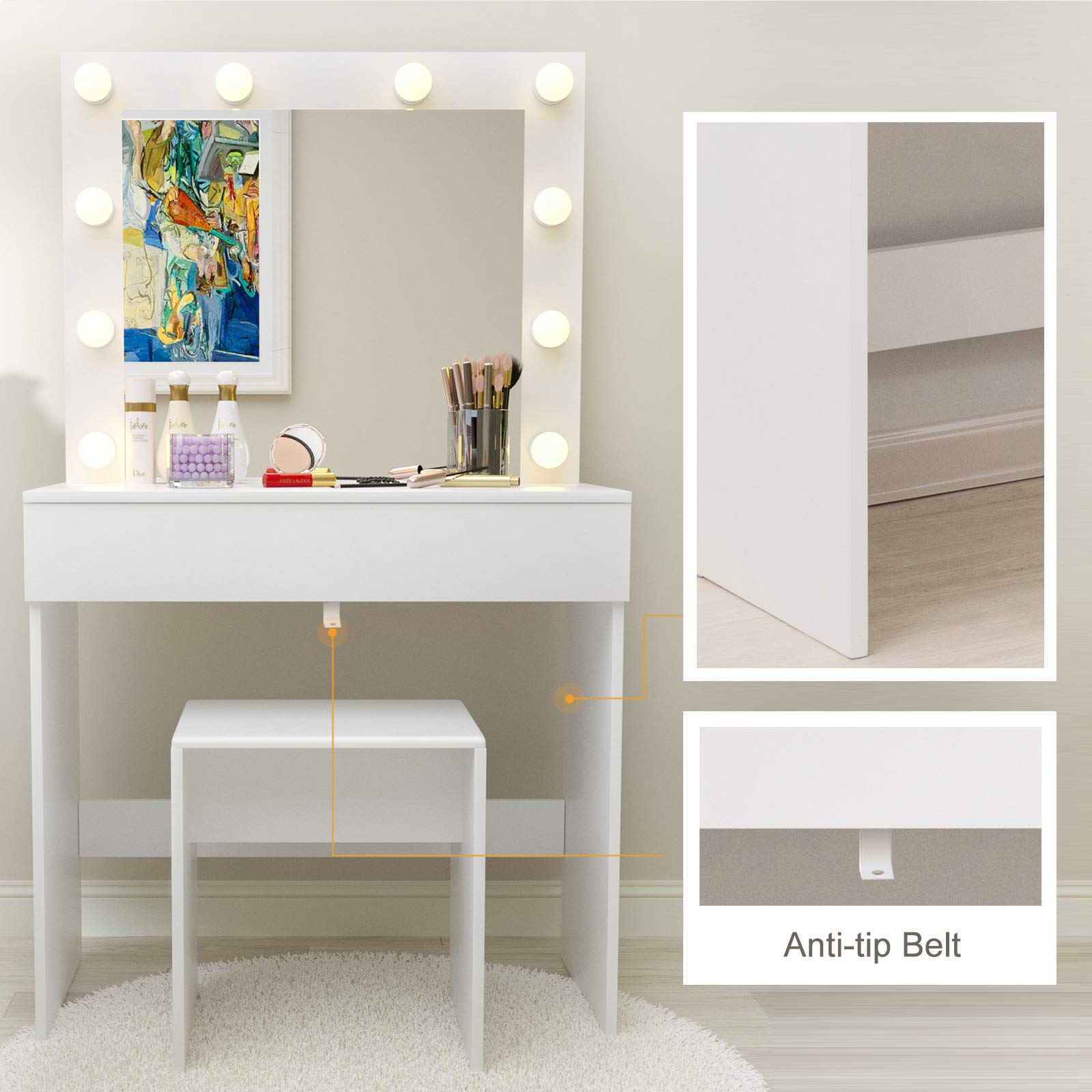 Vanity Set Makeup Dressing Table with 10 LED Lights with Stool and