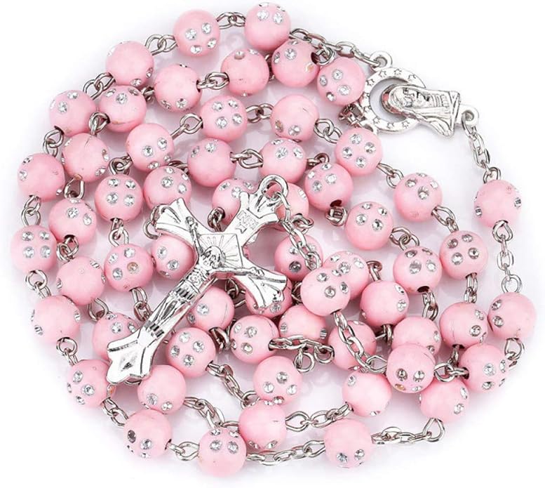 8mm religious cross pendant drop bead necklace Christian Catholic Jesus