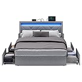 VASAGLE LED Bed Frame Full Size, Full Bed with Headboard and 4 Drawers, 1 USB Port and 1 Type C Port, Adjustable Upholstered Headboard 37.1/39.6 Inches, No Box Spring Needed, Light Gray URMB822G01