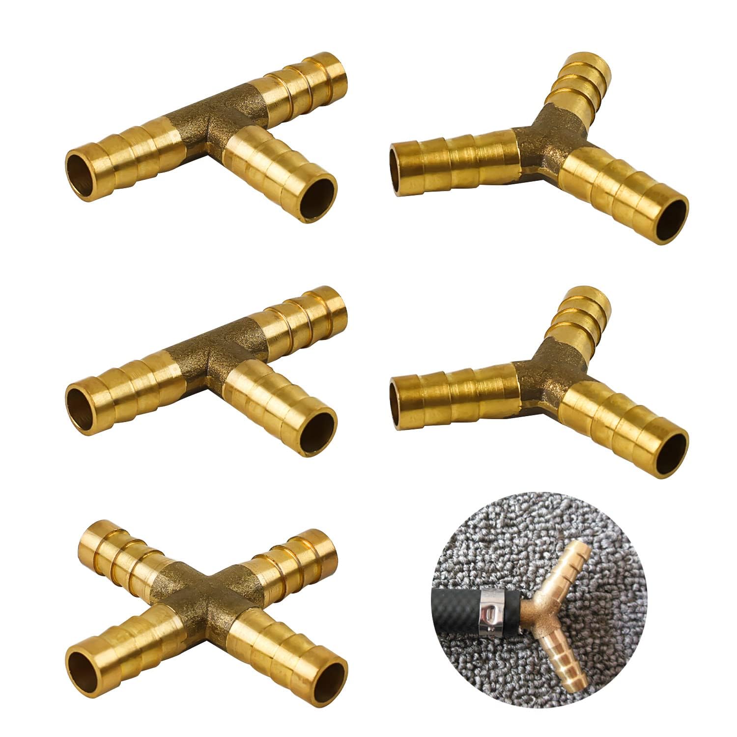 8mm Brass Fuel Hose Connectors 5-Pack - 3/4 Way Barbed Adapter for Fuel, Air, Water, Gas & Oil (3 Styles) - Corrosion Resistant Pipe Joiner