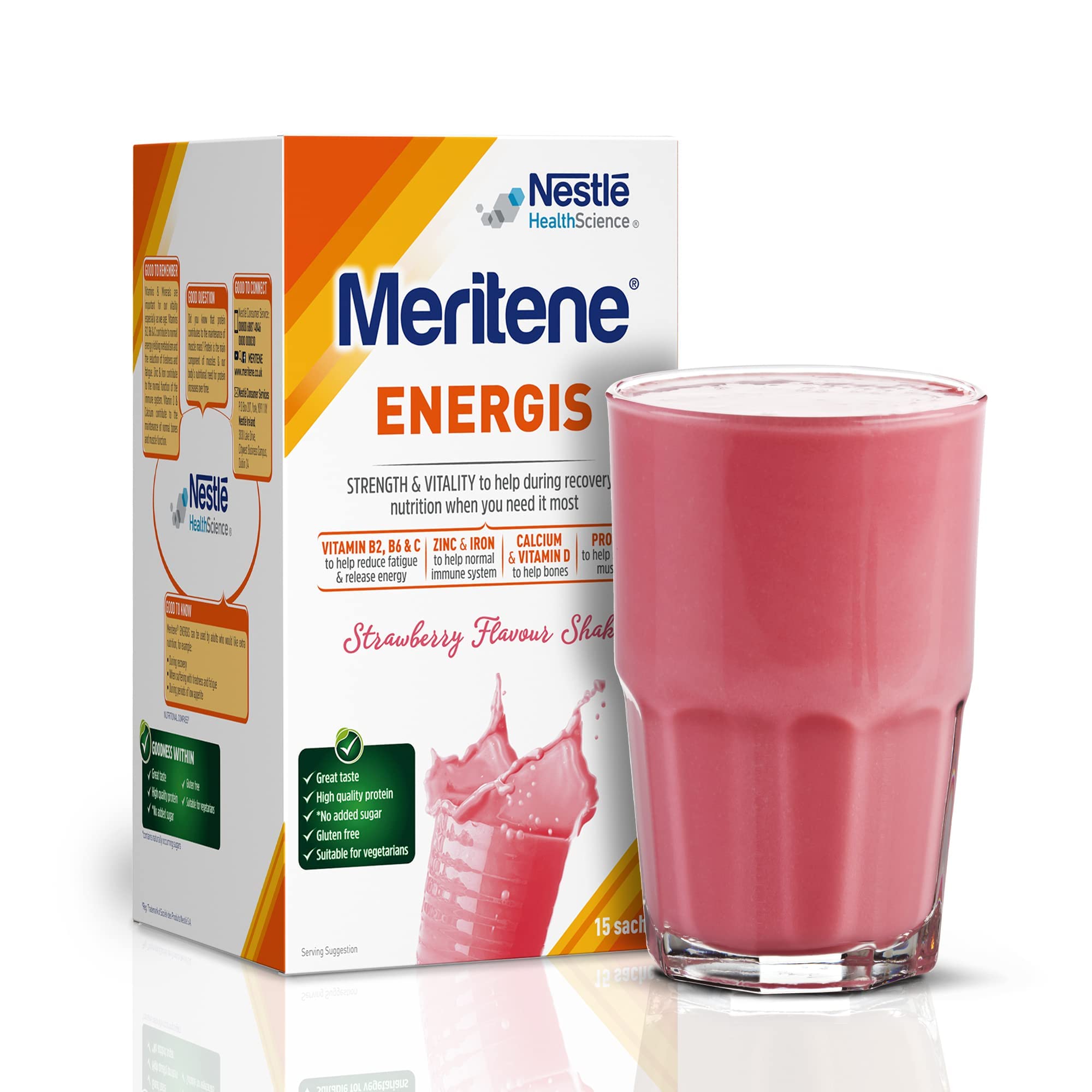 Meritene Energis Strawberry Protein Shake | 30g Powder Sachets, Pack of 15 | Nutritional Support Mix with Proteins and Minerals | With Vitamin D, B & K