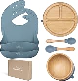 Yum Yum's Baby Bamboo Weaning Set Olive Green with Suction Plate & Bibs