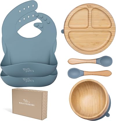 Yum Yum's Baby Bamboo Weaning Set Olive Green with Suction Plate & Bibs