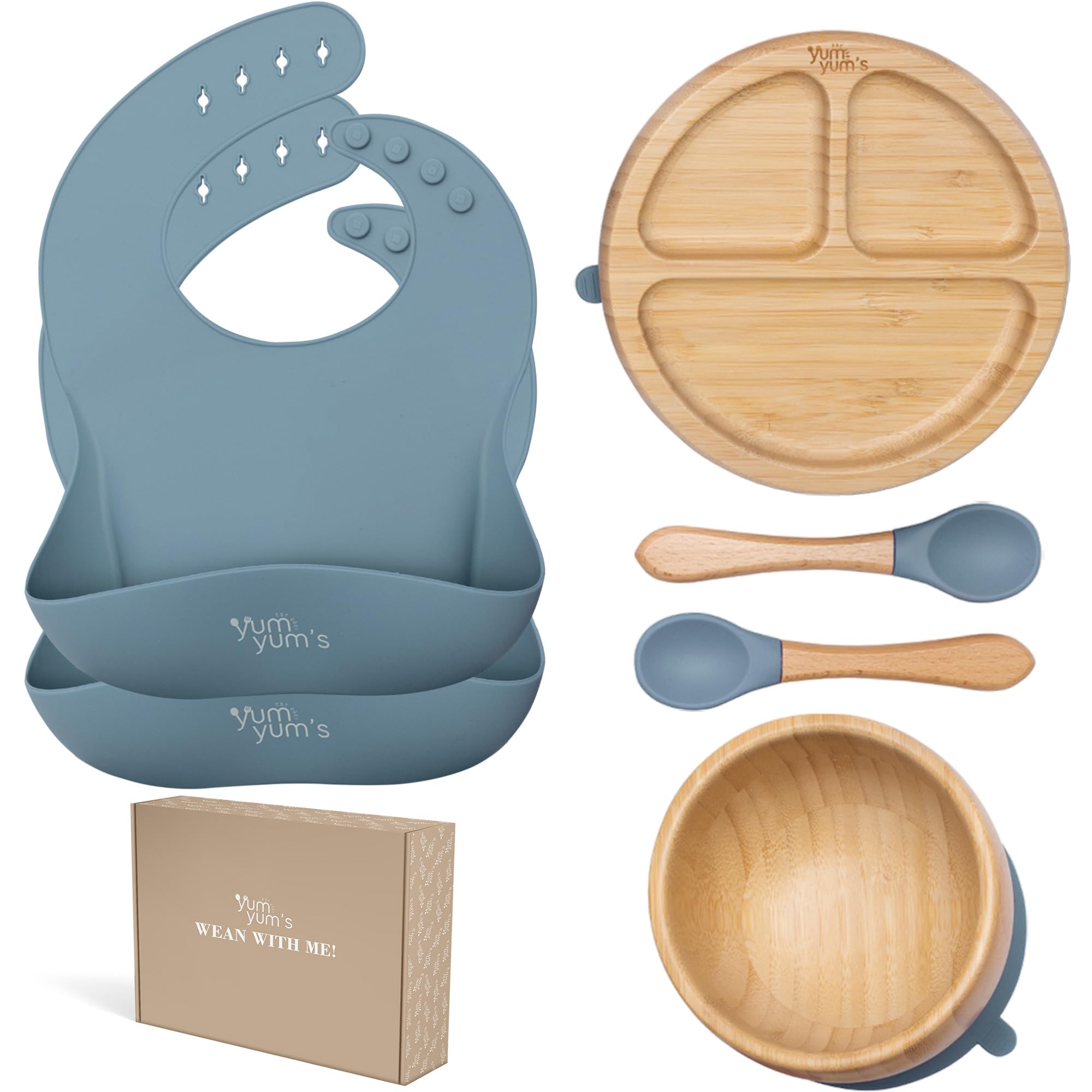 Baby Bamboo weaning Set Presented by Yum Yum's - Bamboo Plate and Bowl Set - Suction Bowl and Plate - Baby Feeding Set - Spoon Set for BLW - 2 Baby weaning Bibs - (Iceberg Blue)