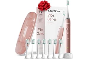 Aquasonic Vibe Series Ultra-Whitening Toothbrush – ADA Accepted Electric Toothbrush - 8 Brush Heads & Travel Case – 40,000 VPM Motor & Wireless Charging - 4 Modes w Smart Timer – Satin Rose Gold