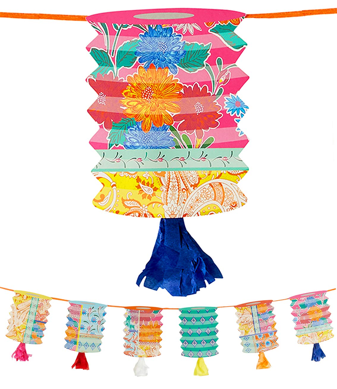 Talking Tables Paper Lantern Garland Bunting with Tassels-3m | Brightly Coloured Boho Party Decorations for Encanto Birthday, Mexican Fiesta, Chinese Celebration, Summer Garden, GARLANDLANT