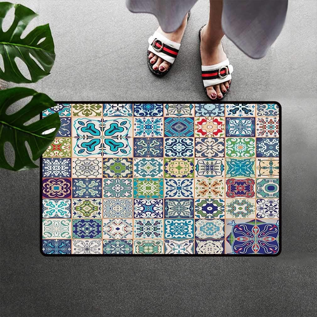 Moroccan Decor Heavy Duty Doormat Floral Patchwork Design with Arabesque Figure and Shapes Mediterranean Symbolic Artwork Super Moisture Absorbent Mud Trapper Mats Non Slip Back 23" W x 35"L Multi