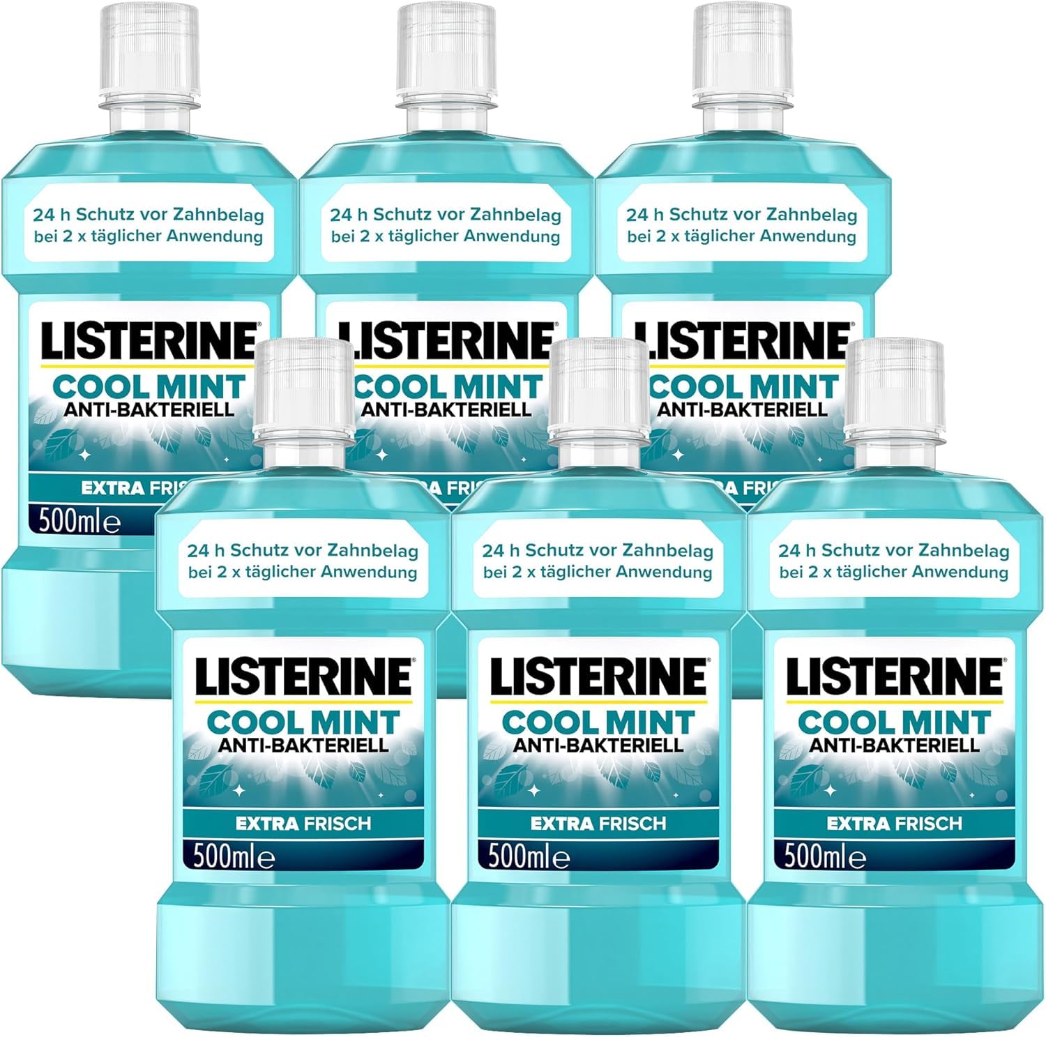 LISTERINE Cool Mint 6 x 500 ml, antibakterielle Mundspülung mit ätherischen Ölen und Minzgeschmack, Mundwasser bekämpft wirksam Bakterien im Mundraum, optimale Ergänzung zur täglichen Zahnpflege