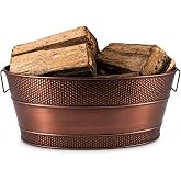 BREKX Copper Galvanized Firewood Storage Bin with Handles, 25-Qt | Indoor Wood Rack &bull; Organization &bull; Wood Carrier &bull; Charcoal Bin