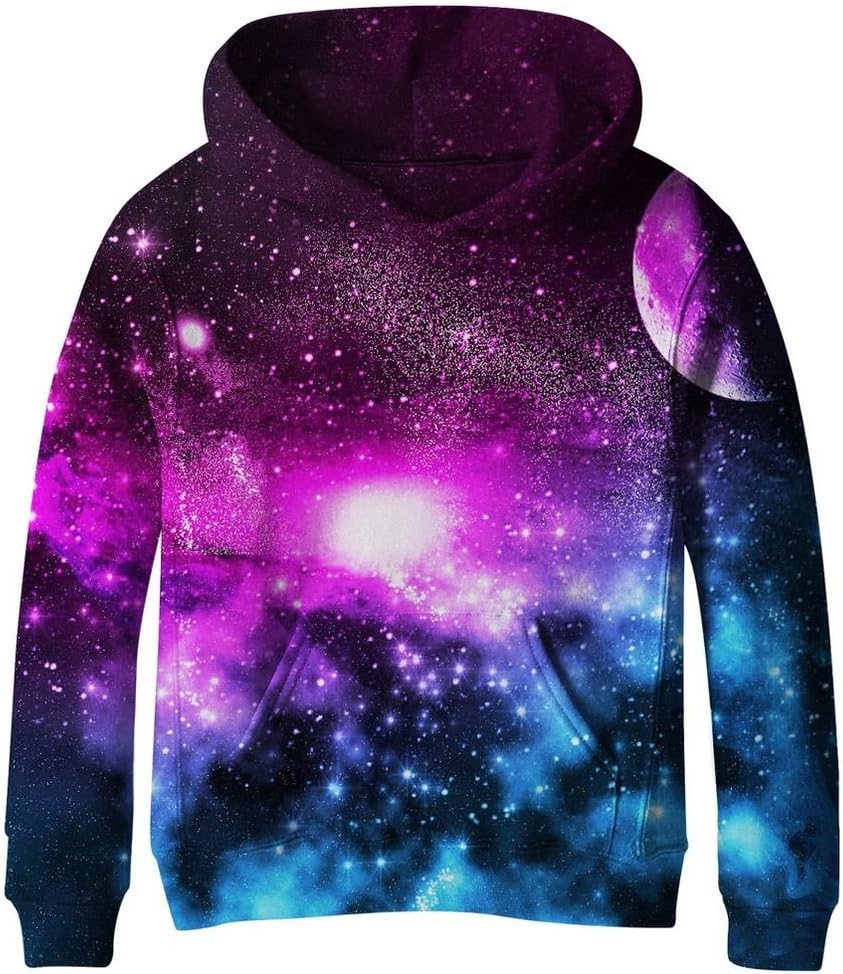Euro Sky Big Girls Kids Blue Galaxy Pockets Sweatshirts Fleece Hooded Hoodies 4-16Y