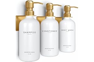 Luxury Shampoo and Conditioner Dispenser Set Wall Mounted by Brighter Barns - Refillable Shampoo and Conditioner Bottles - Shower Dispenser 3 Chamber No Drill - White and Gold Bathroom Decor (Gold)