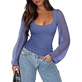 REORIA Womens Sheer Mesh Long Sleeve Scoop Neck Slim Trendy Going Out Tops Dressy Blouse