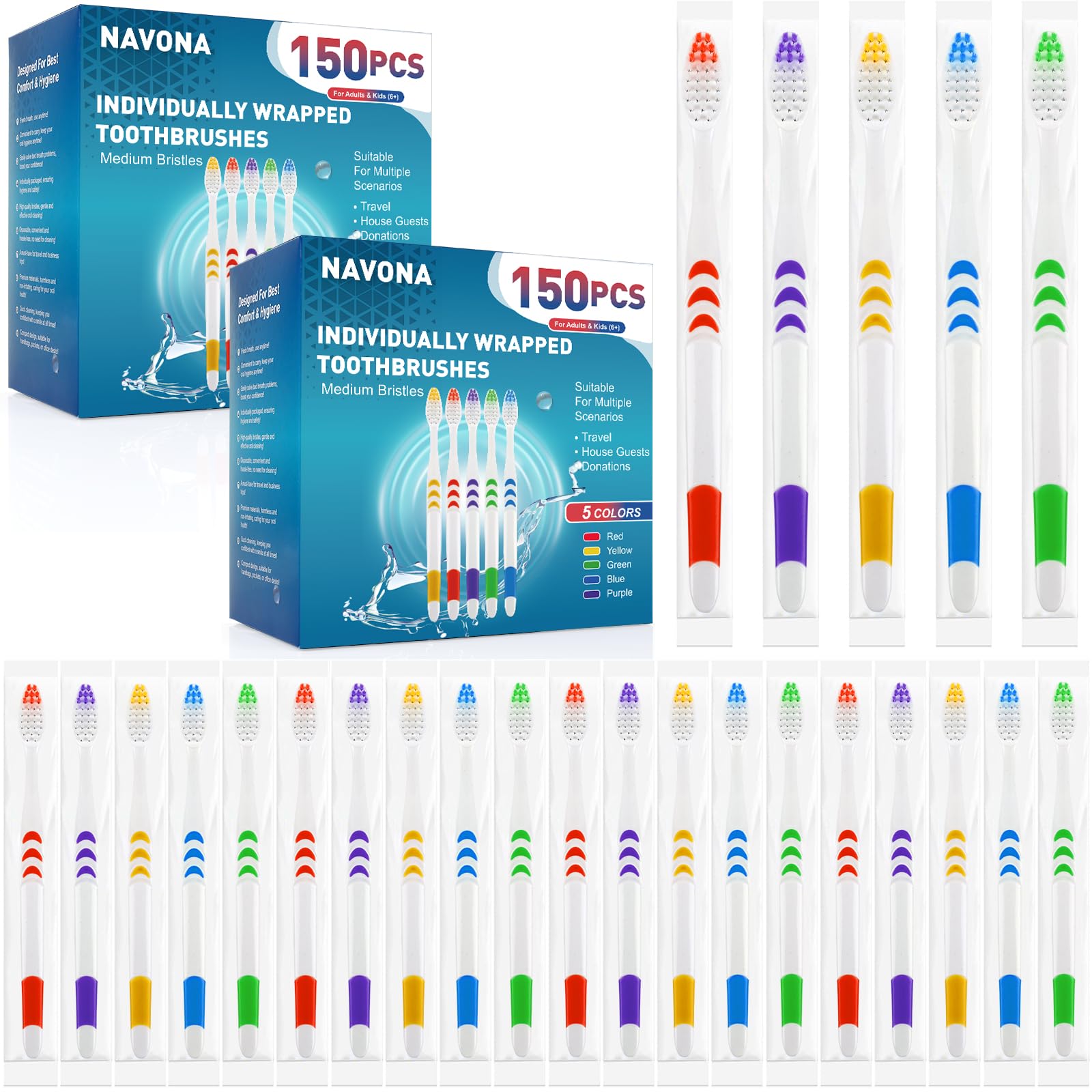 Photo 1 of Navona 300 PCS Premium Individually Wrapped Bulk Toothbrush Pack, Disposable Toothbrushes, Kids Toothbrush, Medium Soft Bristle Toothbrushes, Ergonomics Handle, Perfect for Travel Hotel Donation