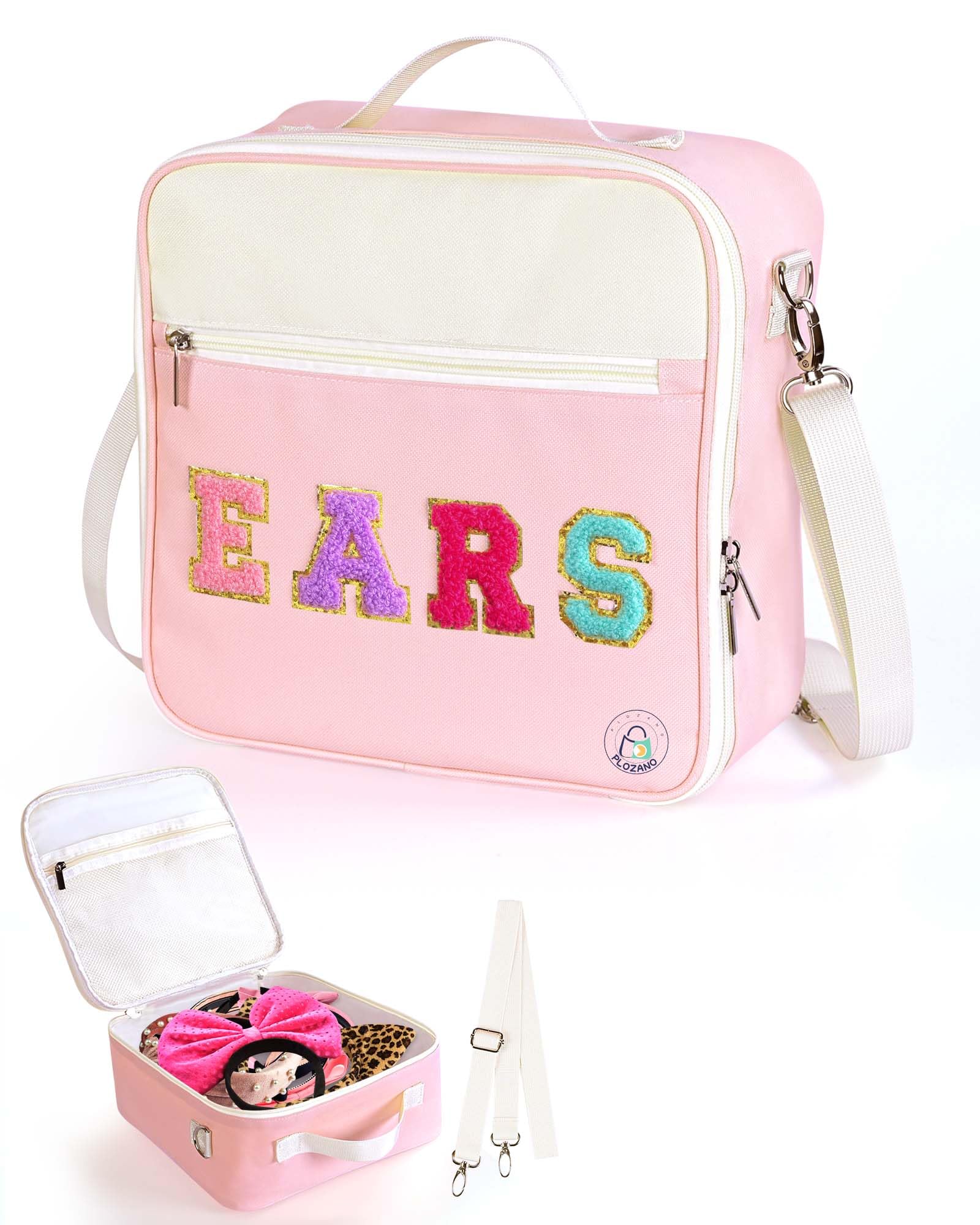 Photo 1 of PLOZANO Mouse Ears Travel Case Multipocket Large Chenille Letter Mouse Ears Headband Holder with Shoulder Strap 11"x11"x4.5" (Pink)