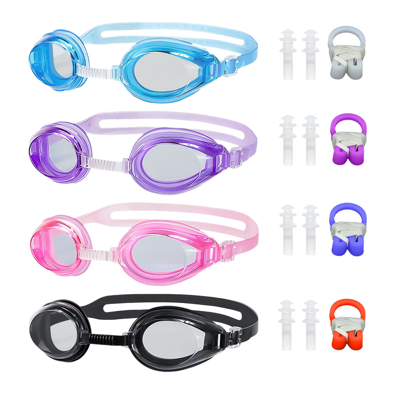 USHXVG 4-Piece Kids Swimming Goggles with 4 Sets of Nose Plugs and Ear Clips, Silicone Waterproof Goggles, Adjustable for Beach, Pool, Water Park (Multicolor)
