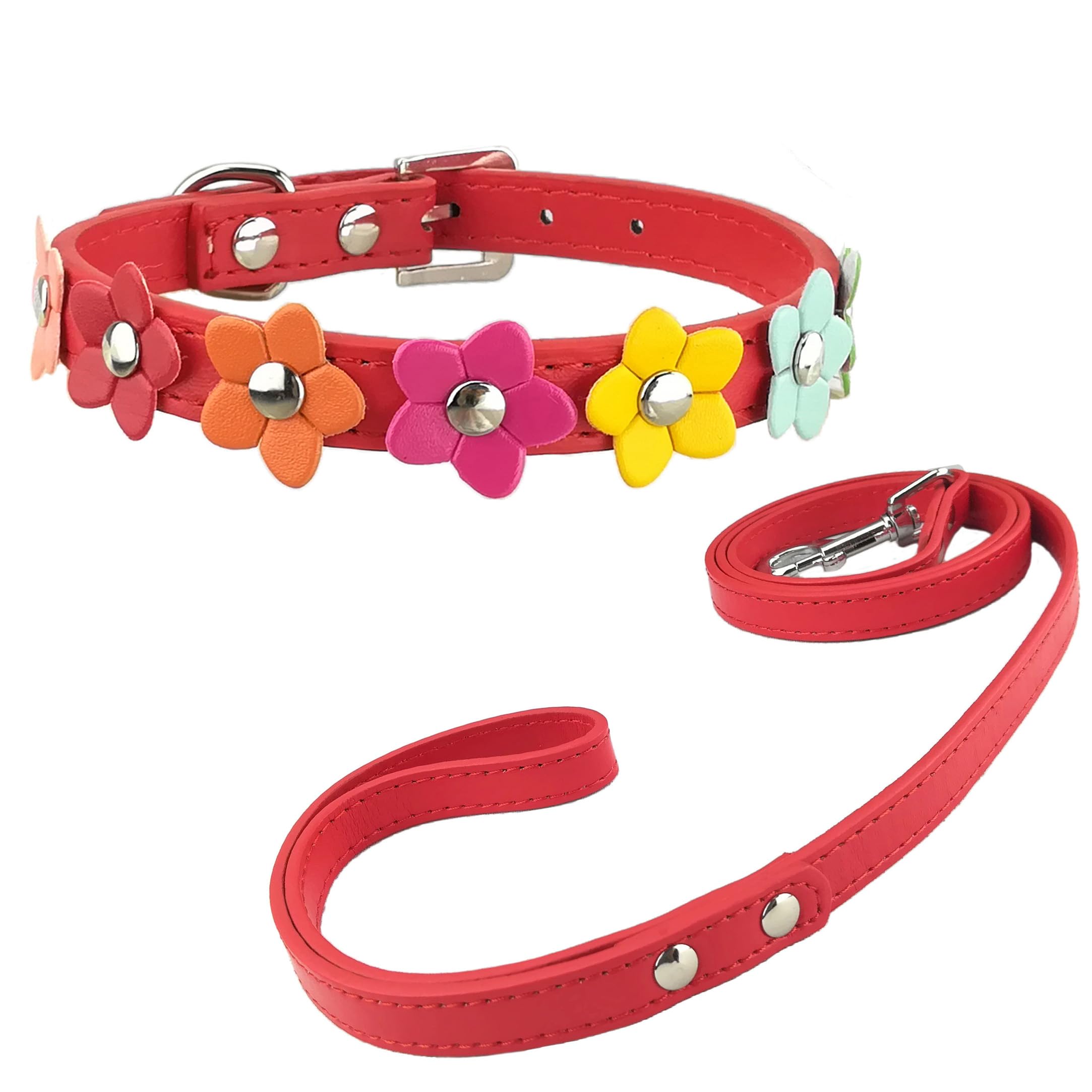 Newtensina Stylish Dog Collar and Lead Set Dog Collar Girl Flower Puppy Collars Leashes for Small Dogs with Flower - Red - L