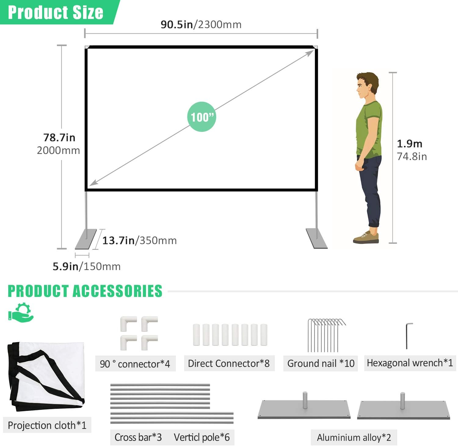 Projector Screen with Stand 100 inch Portable Projection Screen 16:9 4K HD Rear Front Projections Movies Screen for Indoor Outdoor Home Theater Backyard Cinema Trave: Electronics