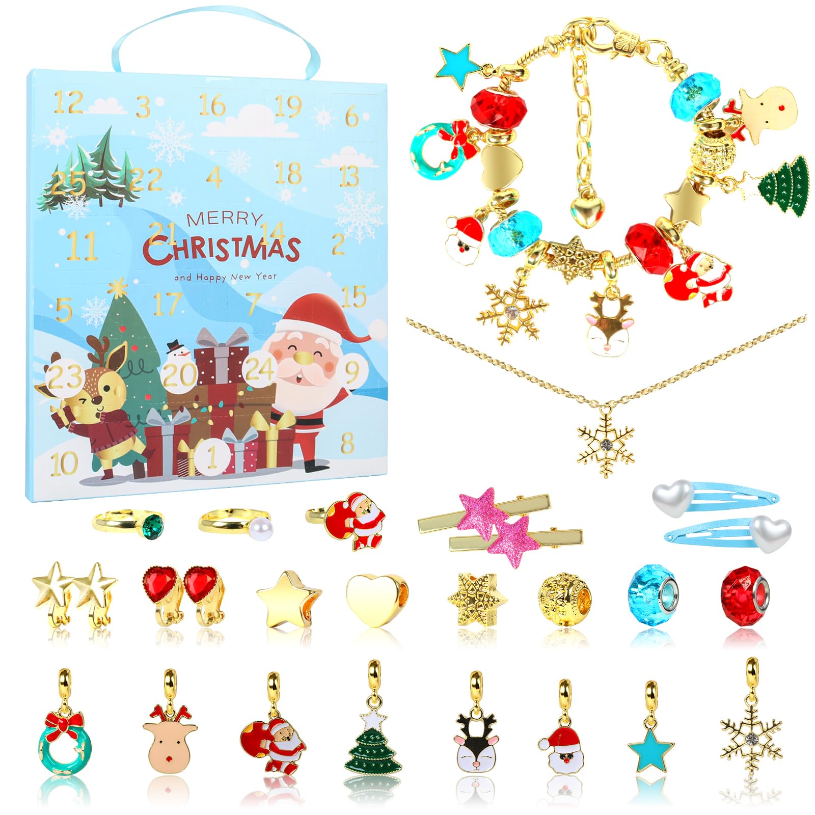 Christmas Advent Calendar Bracelets 2023 Gifts, 24 Days Xmas Countdown Calendar with DIY Charm Bracelets Necklace Kits, Christmas Gifts for Girls Kids Teens Adult Women