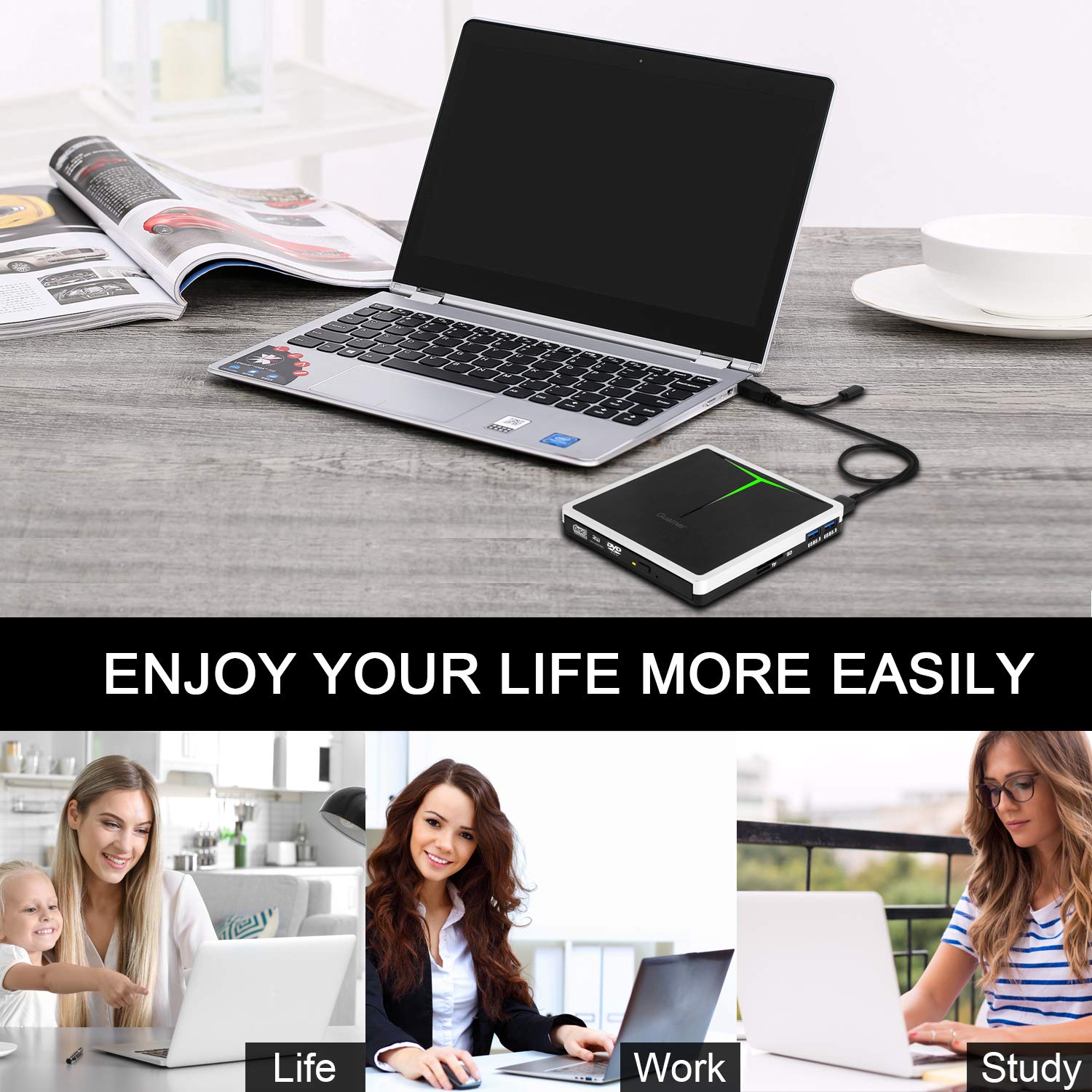 Guamar External DVD Drive for PC: USB-C CD Burner Player for Laptop Mac Windows 11 with SD/TF Slot/2 USB Ports/Carrying Case Read Write Music/Movie/Photo Portable Plug & Play