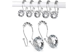 Goowin Shower Curtain Hooks, Crystal Shower Curtain Rings, Stainless Steel Shower Curtain Hangers, Metal Shower Rings for Cur