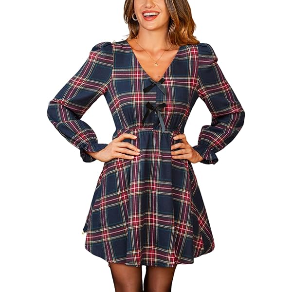 CUPSHE Ruffle Mini Fall Dress for Women Plaid Stand Collar Long
