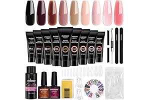 PHOENIXY Poly Nail Gel Kit 9 Colors Enhancement Builder Nail Gel Black Brown Nude Pink Nail Extension Gel Kit with Slip Solution Poly Nail Kit Gift for Women
