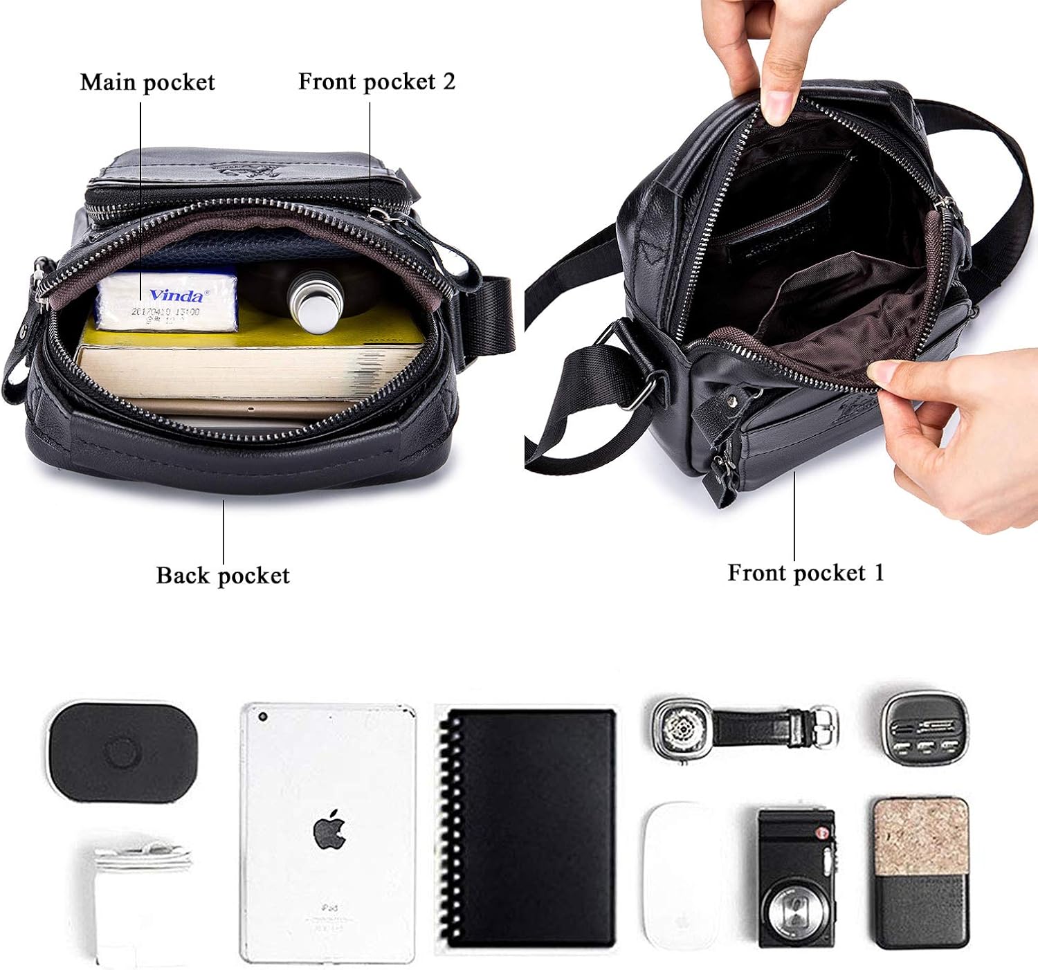 BAIGIO Cross Body Bag Men Men's Shoulder Bags Genuine Leather Crossbody Sling Handbag Ipad Man Bag Small Satchel Messenger with Adjustable Shoulder Strap for Business Work Daily Travel Holiday Black - Image 5