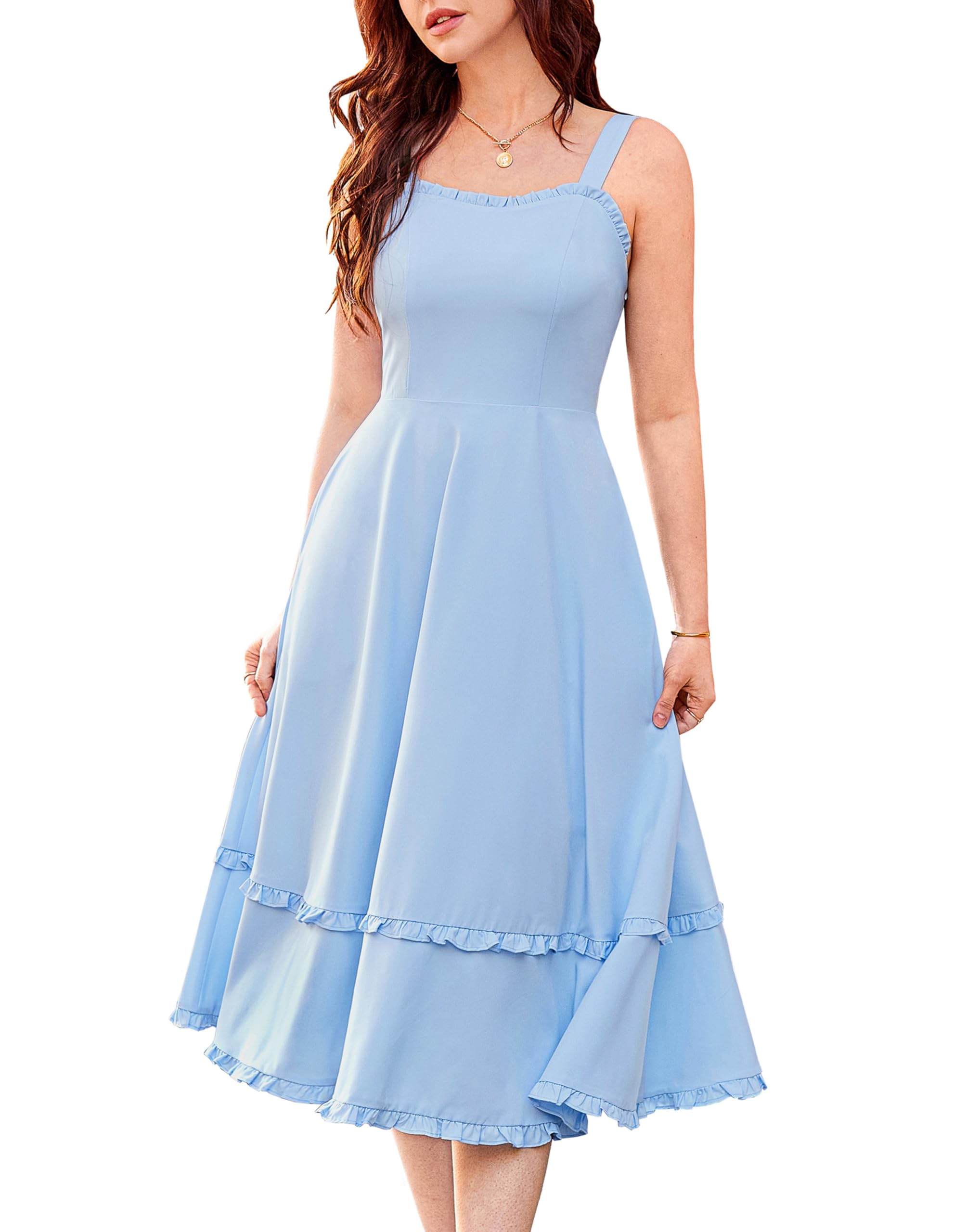 Photo 1 of (SMALL) (BAGGED) Belle Poque Women Light Blue Wedding Guest Dresses Hawaiian Dresses Cottagecore Dress Easter Dresses with Pockets (Light Blue,S)
